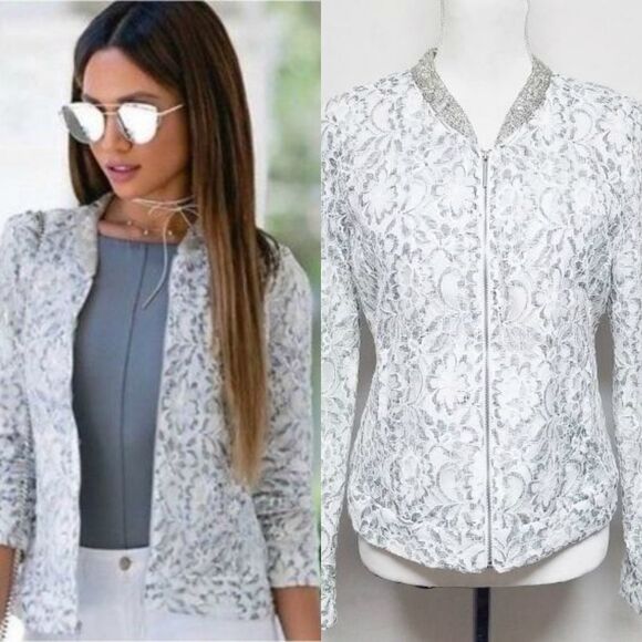 𝅺Candie's Novelty Floral Lace Beaded Bomber Jacket